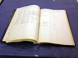 Masonic Lodge membership book with repaired spine